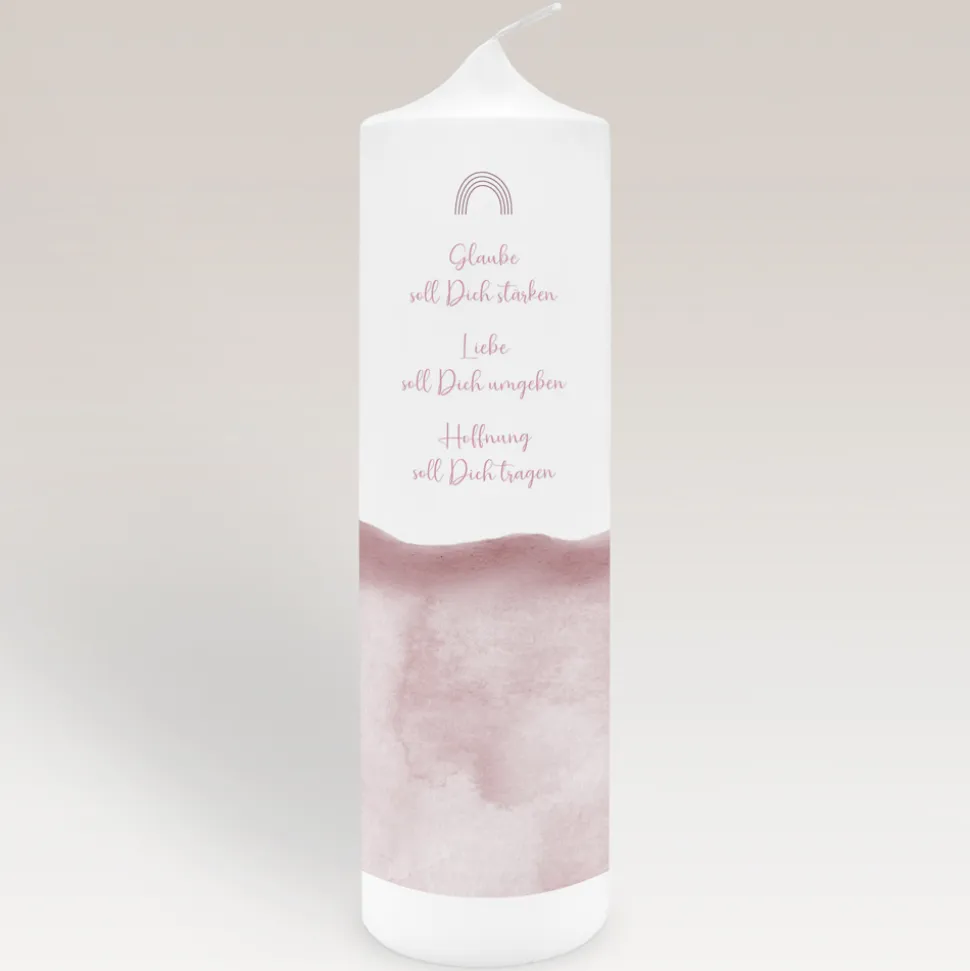 Taufkerze Aquarell mit Regenbogen rosa