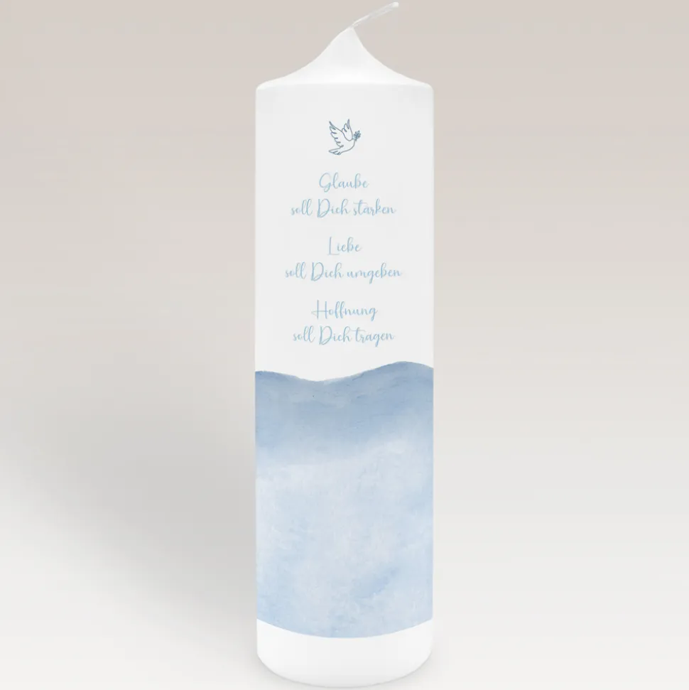 Taufkerze Aquarell mit Taube blau