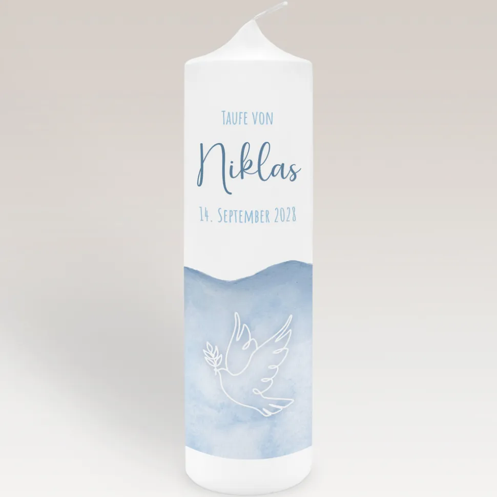 Taufkerze Aquarell mit Taube blau