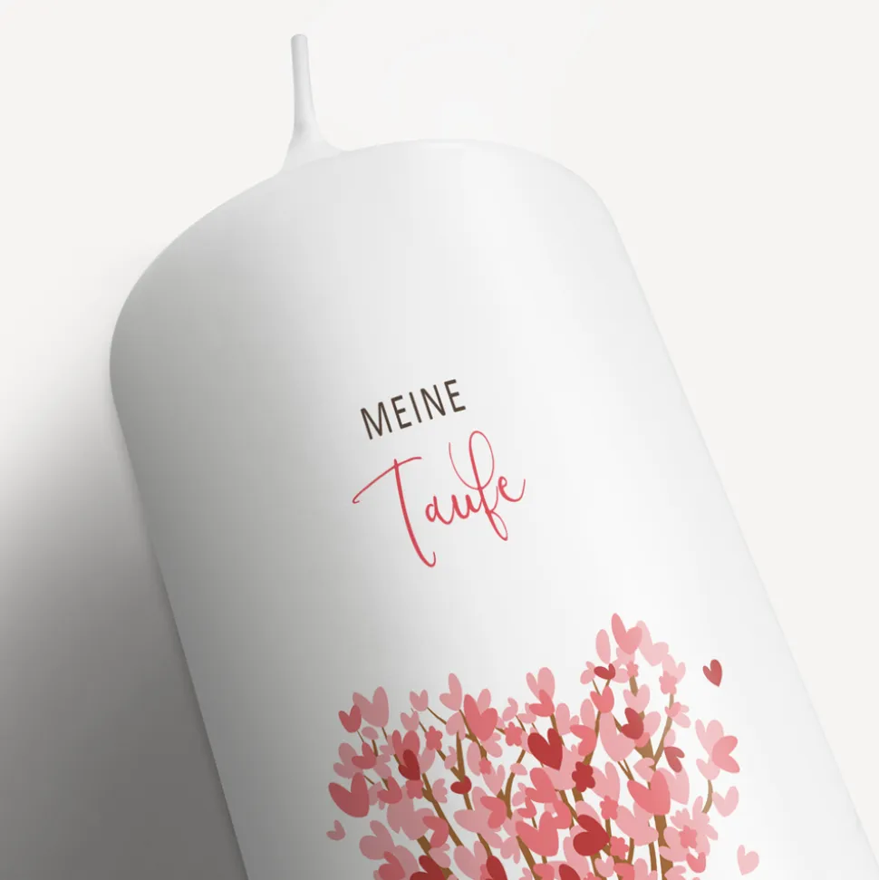 Taufkerze Baum Herzen mit Juteband