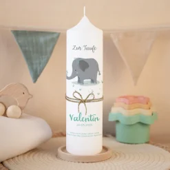 Taufkerze Elefant Elio mit Juteband