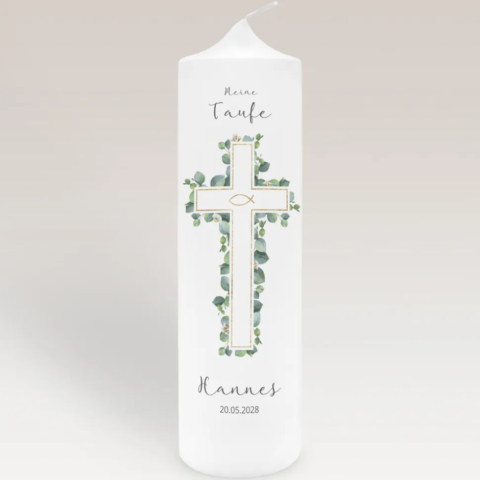 Taufkerze Eukalyptus Kreuz