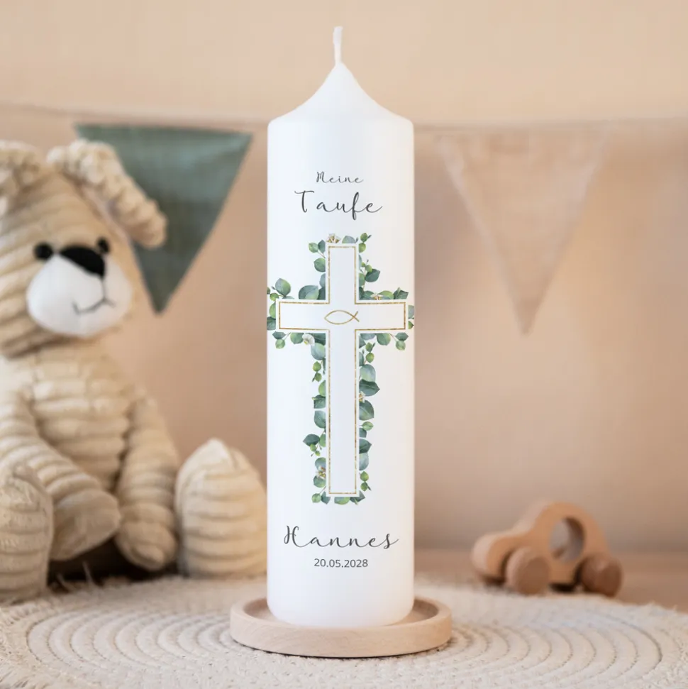 Taufkerze Eukalyptus Kreuz
