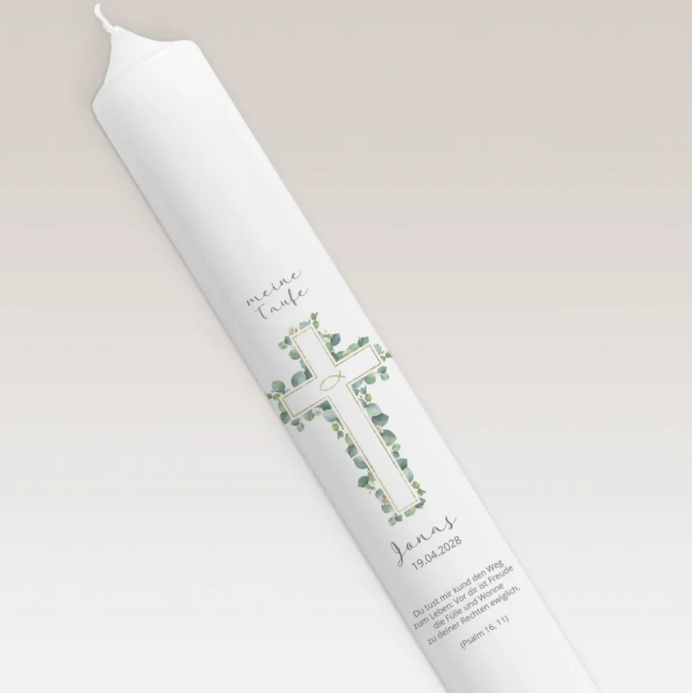 Taufkerze Eukalyptus Kreuz schmal
