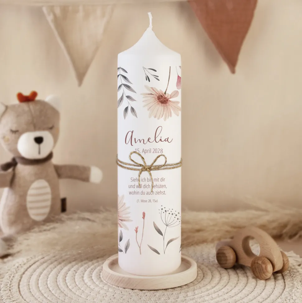 Taufkerze Wild Flowers mit Juteband