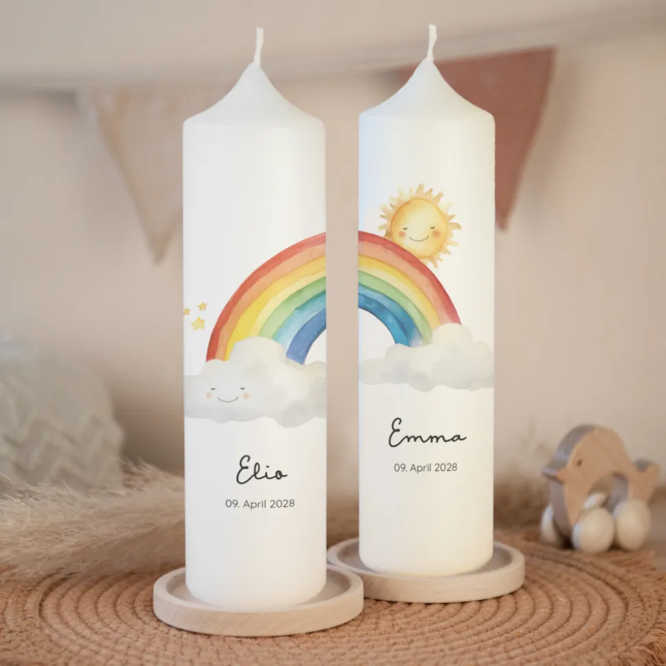 Taufkerze Zwillinge Wolke mit Regenbogen