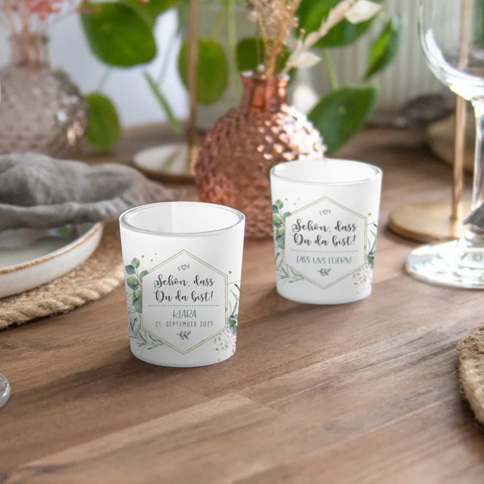 Tischkarte Windlicht "Aquarell Eukalyptus Zweige" inkl. Glas