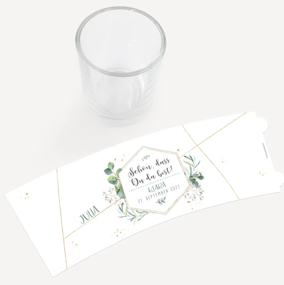 Tischkarte Windlicht "Aquarell Eukalyptus Zweige" inkl. Glas