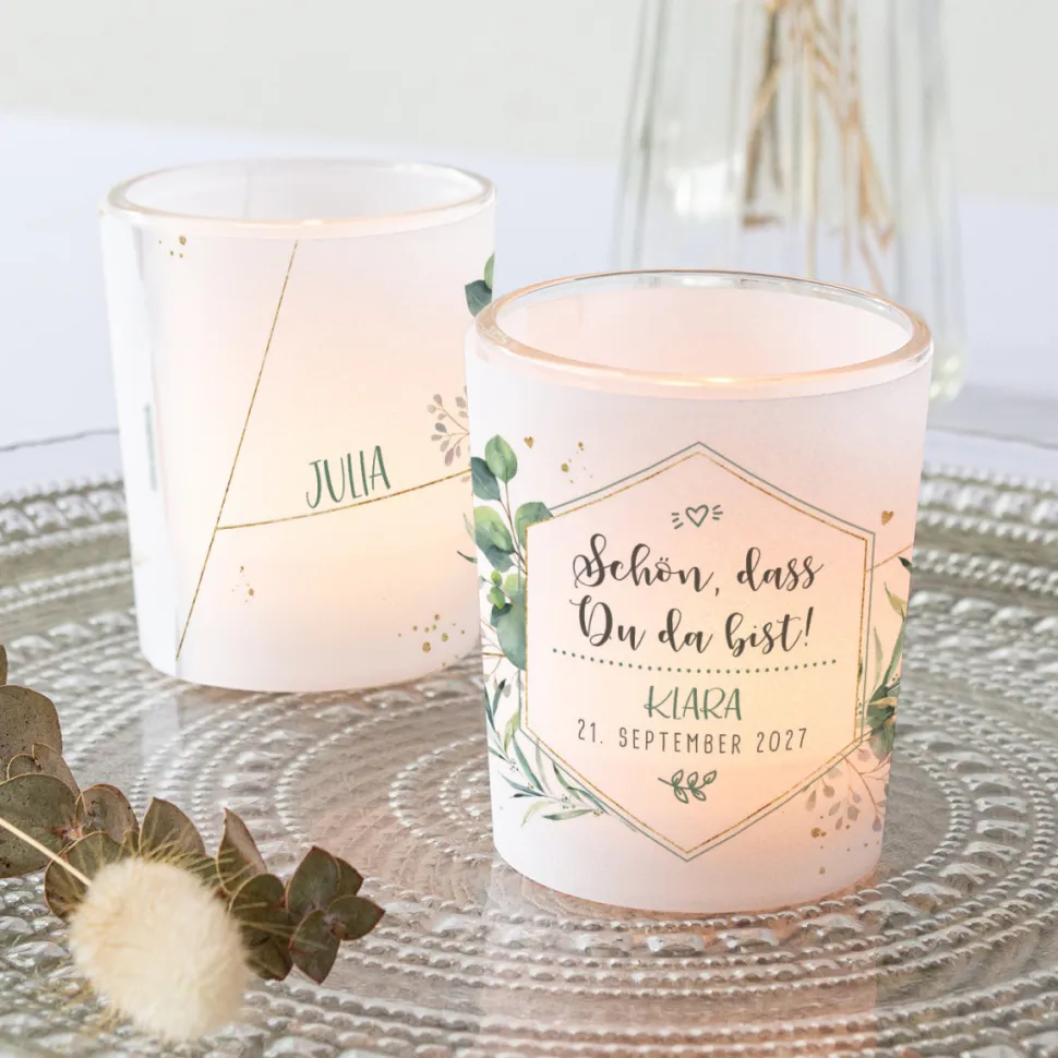 Tischkarte Windlicht "Aquarell Eukalyptus Zweige" inkl. Glas