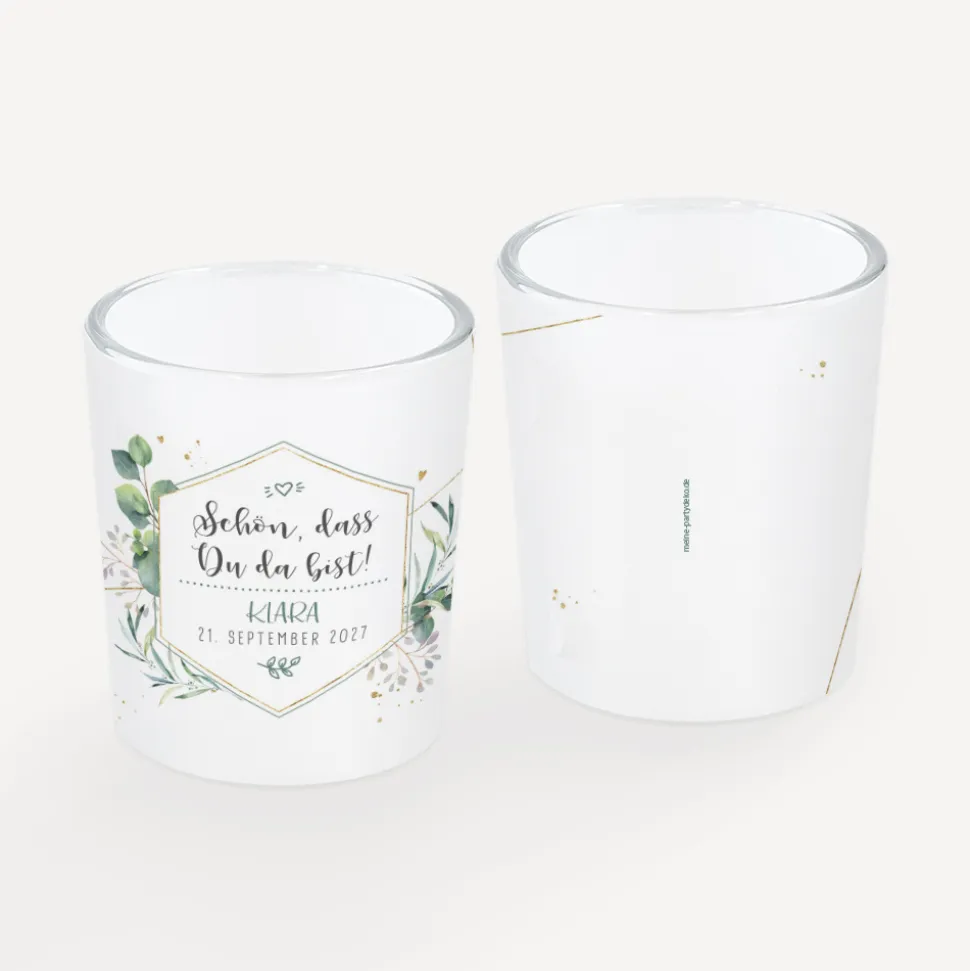 Tischkarte Windlicht "Aquarell Eukalyptus Zweige" inkl. Glas