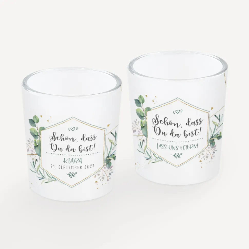 Tischkarte Windlicht "Aquarell Eukalyptus Zweige" inkl. Glas