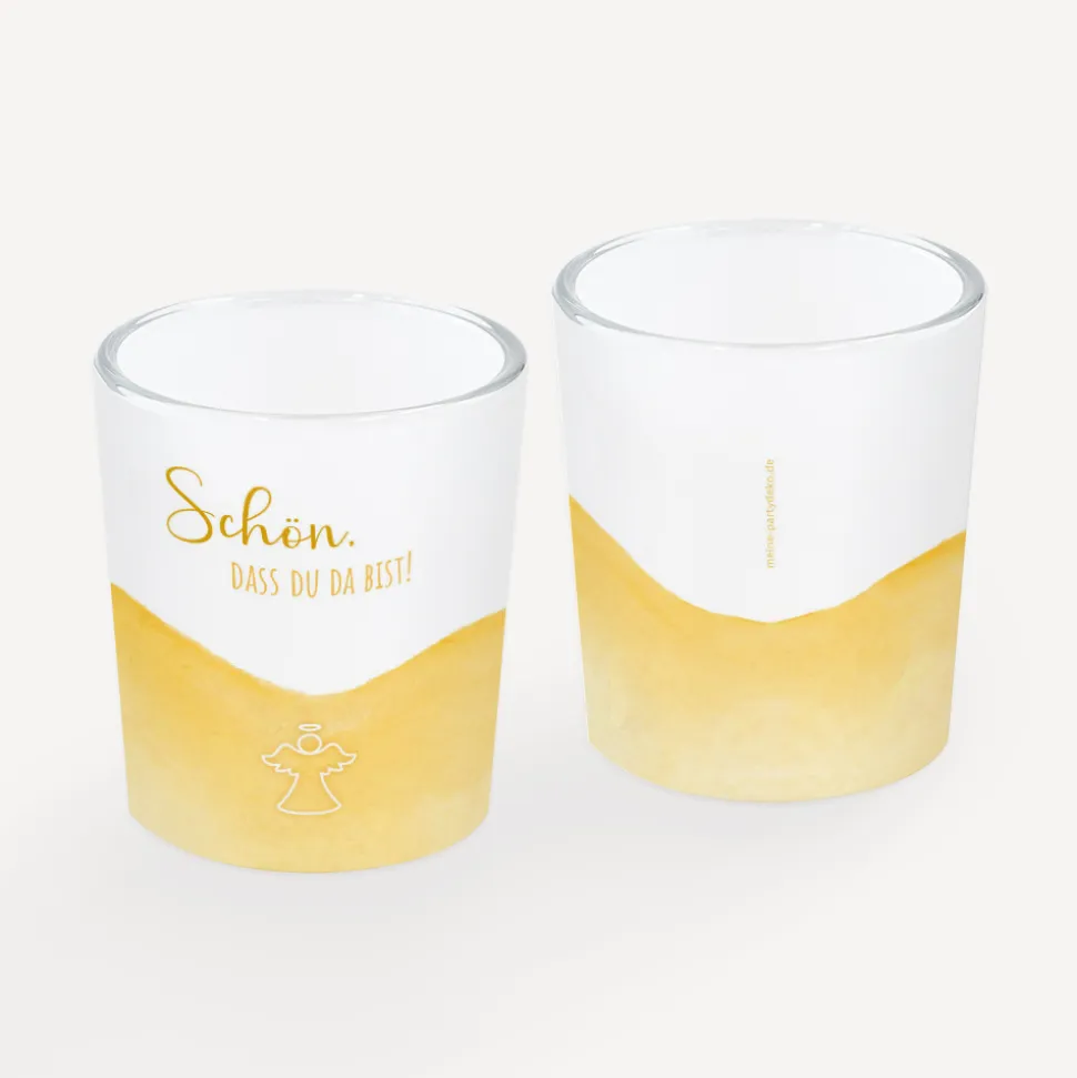 Tischkarte Windlicht "Aquarell mit Engel gold-gelb" inkl. Glas