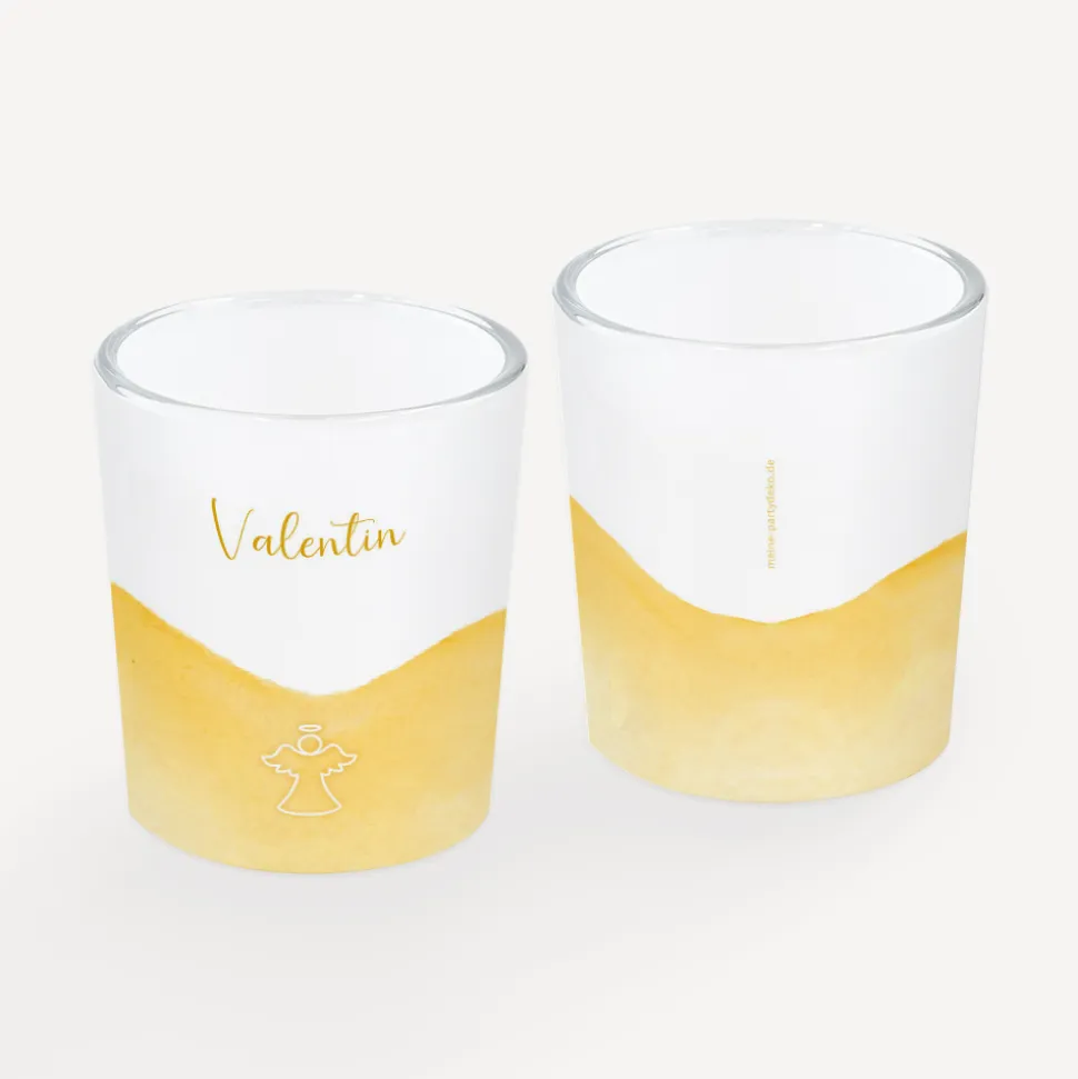 Tischkarte Windlicht "Aquarell mit Engel gold-gelb" inkl. Glas