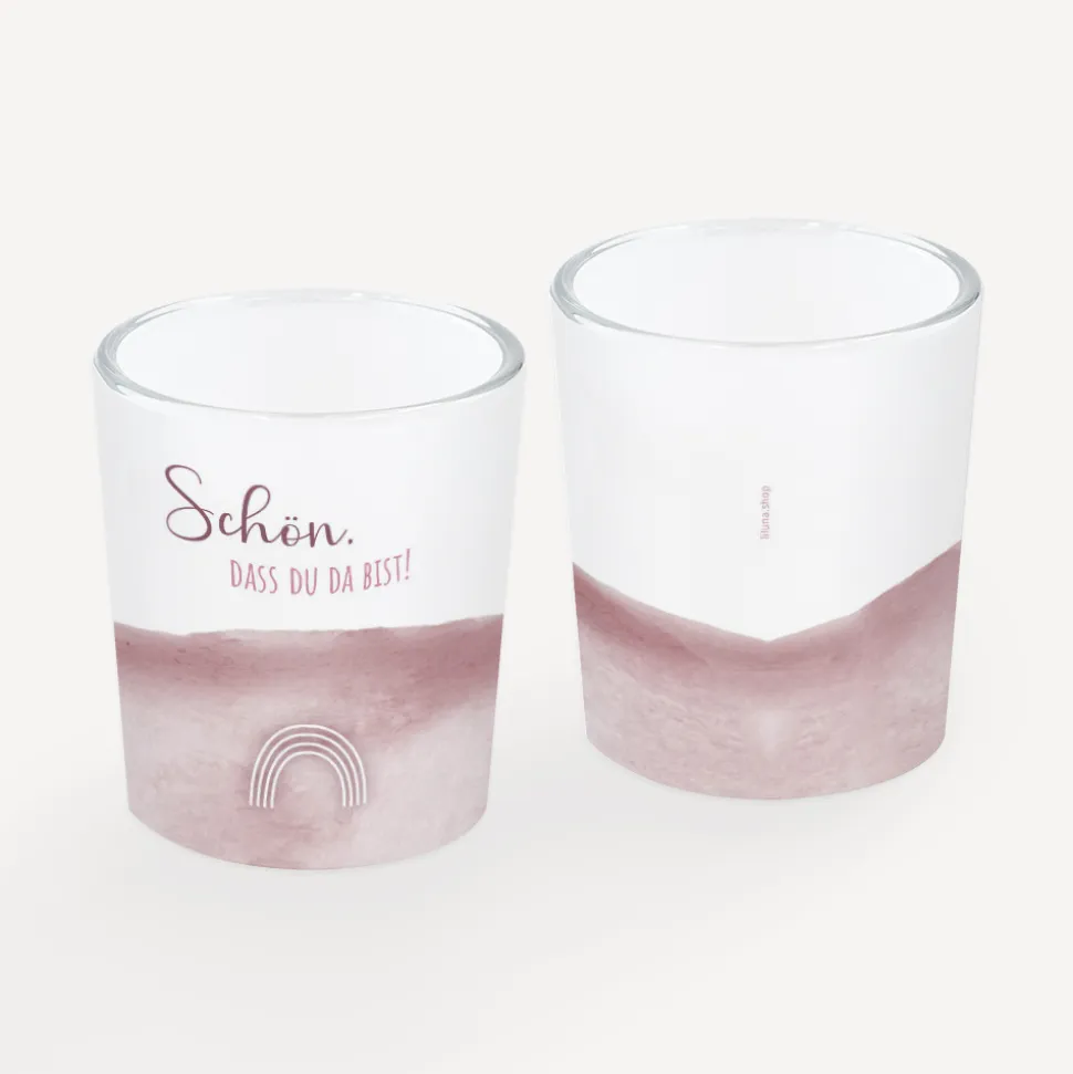 Tischkarte Windlicht "Aquarell mit Regenbogen rosa" inkl. Glas