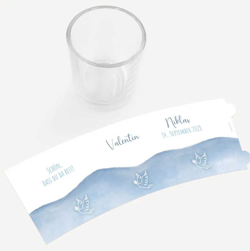 Tischkarte Windlicht "Aquarell mit Taube blau" inkl. Glas
