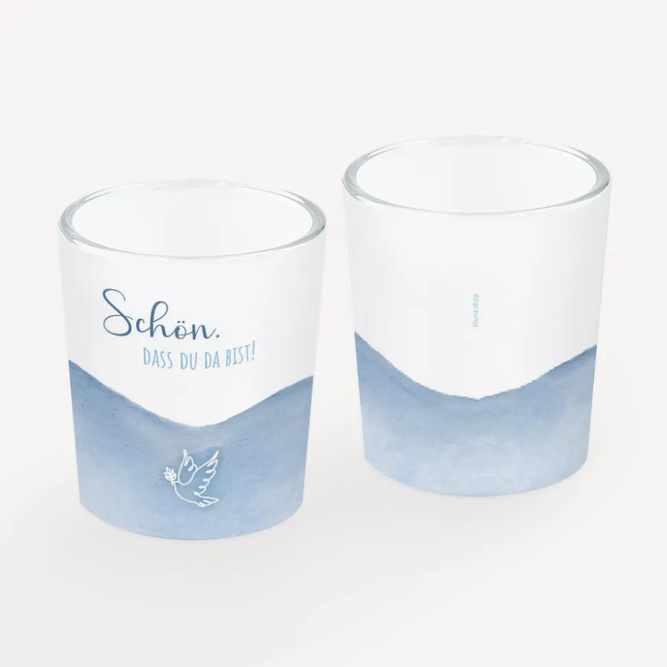 Tischkarte Windlicht "Aquarell mit Taube blau" inkl. Glas