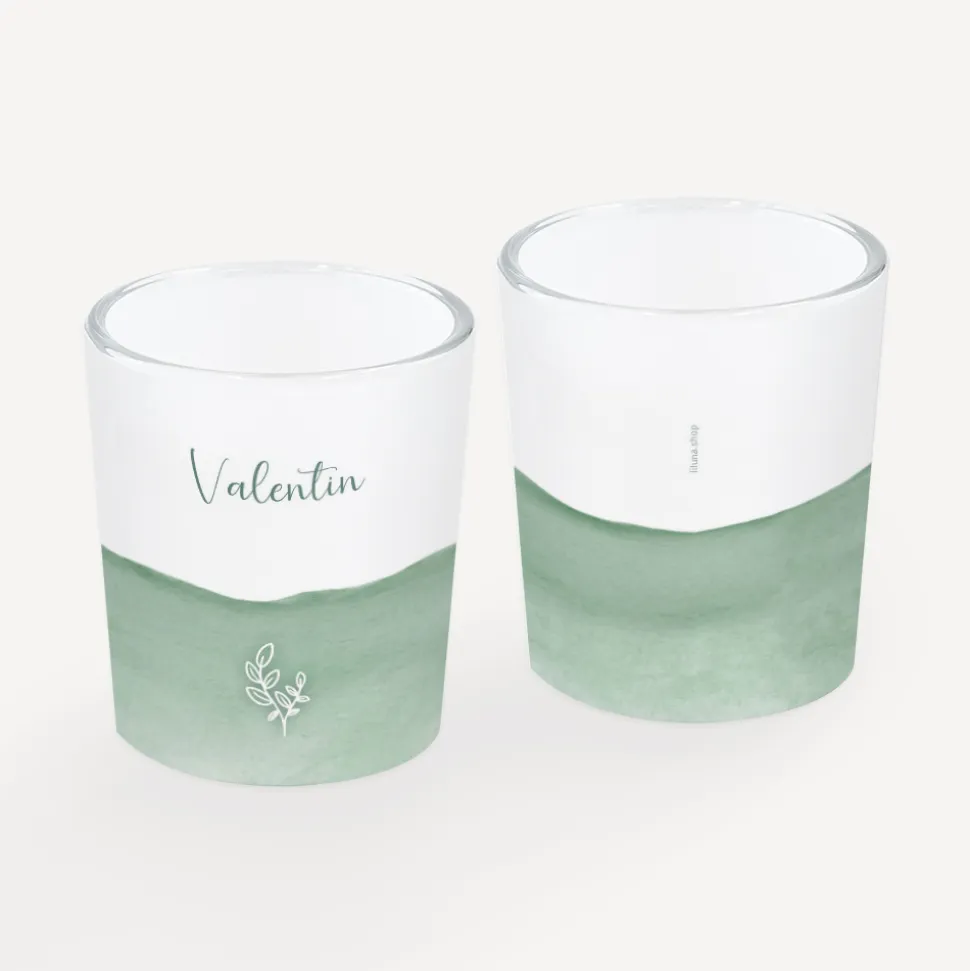 Tischkarte Windlicht "Aquarell mit Zweig grün" inkl. Glas