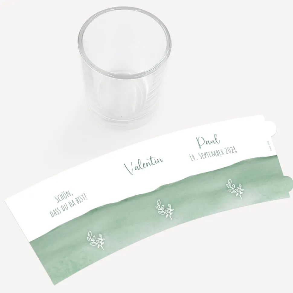 Tischkarte Windlicht "Aquarell mit Zweig grün" inkl. Glas