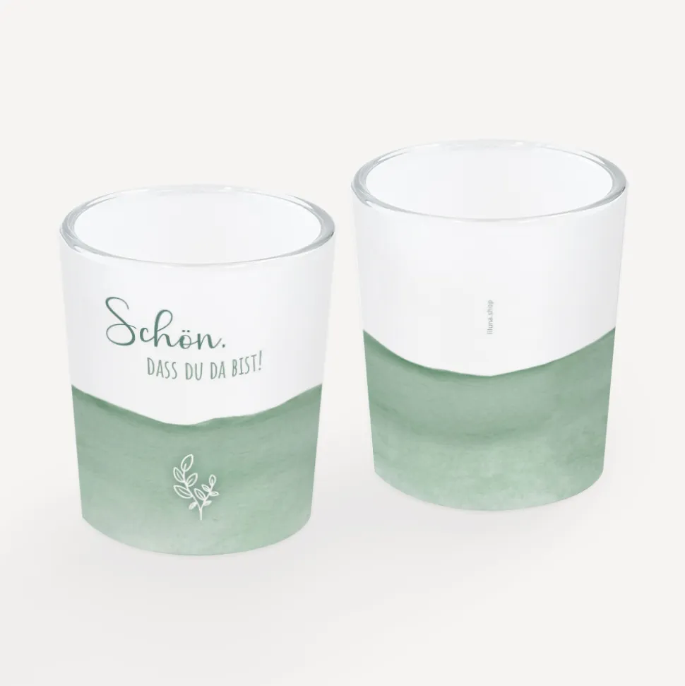 Tischkarte Windlicht "Aquarell mit Zweig grün" inkl. Glas