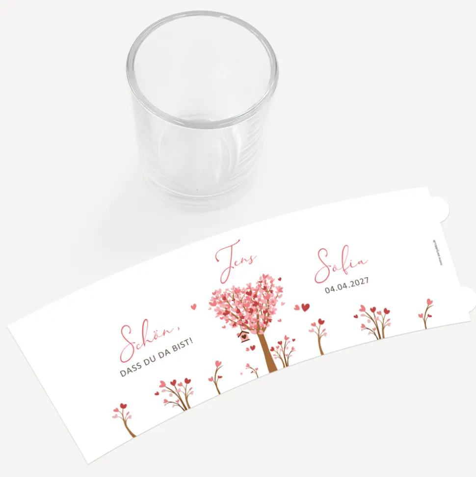 Tischkarte Windlicht "Baum Herzen" inkl. Glas