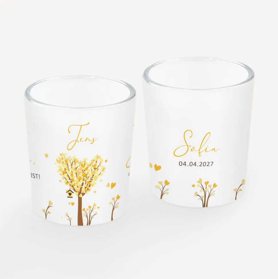 Tischkarte Windlicht "Baum Herzen" inkl. Glas
