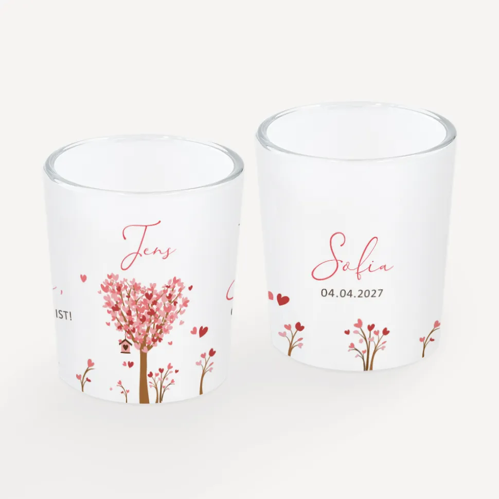 Tischkarte Windlicht "Baum Herzen" inkl. Glas