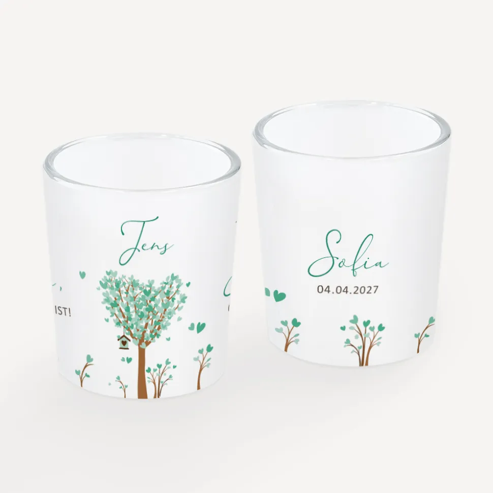 Tischkarte Windlicht "Baum Herzen" inkl. Glas