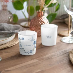Tischkarte Windlicht "Blütenkranz blau" inkl. Glas