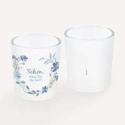 Tischkarte Windlicht "Blütenkranz blau" inkl. Glas