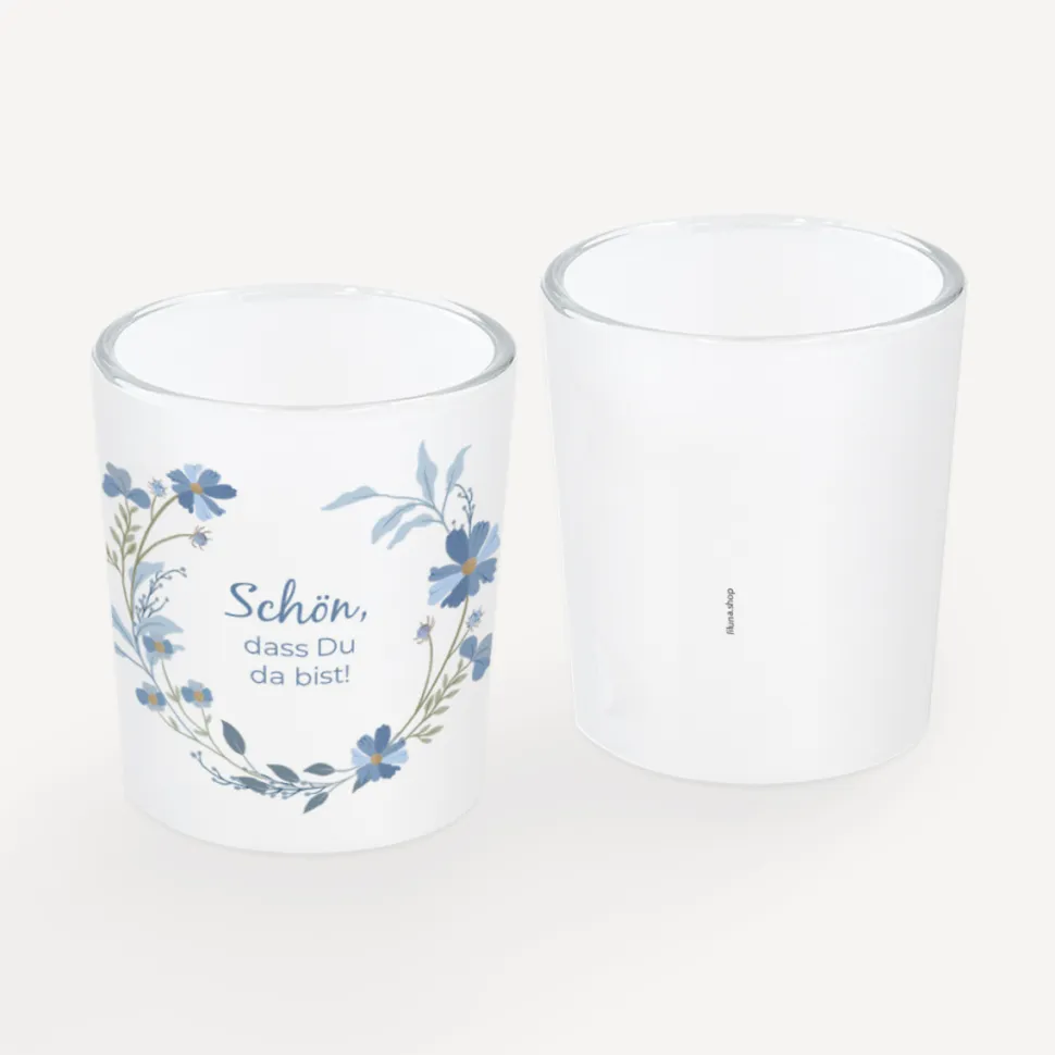 Tischkarte Windlicht "Blütenkranz blau" inkl. Glas