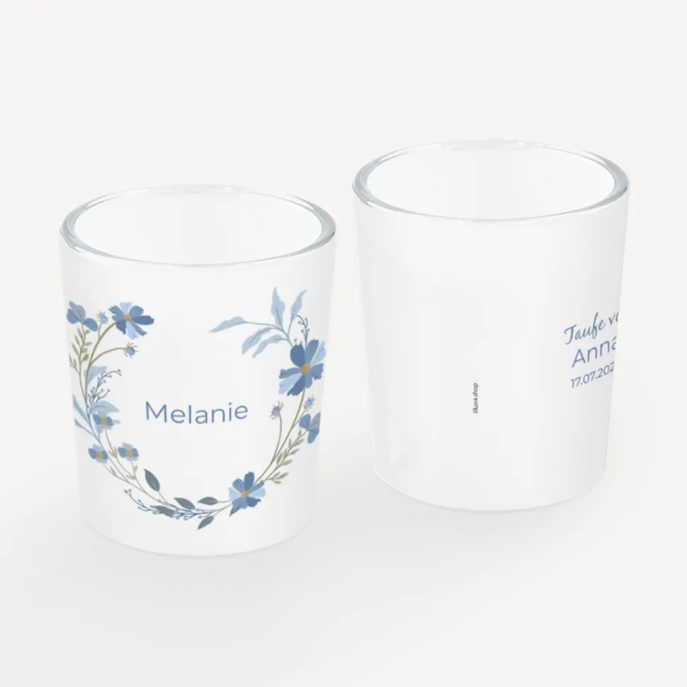Tischkarte Windlicht "Blütenkranz blau" inkl. Glas