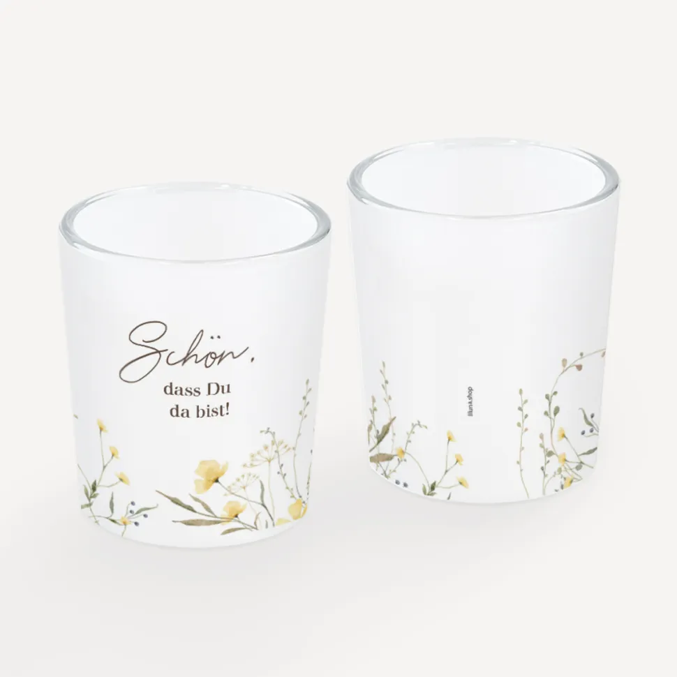 Tischkarte Windlicht "Blütentraum gelb" inkl. Glas