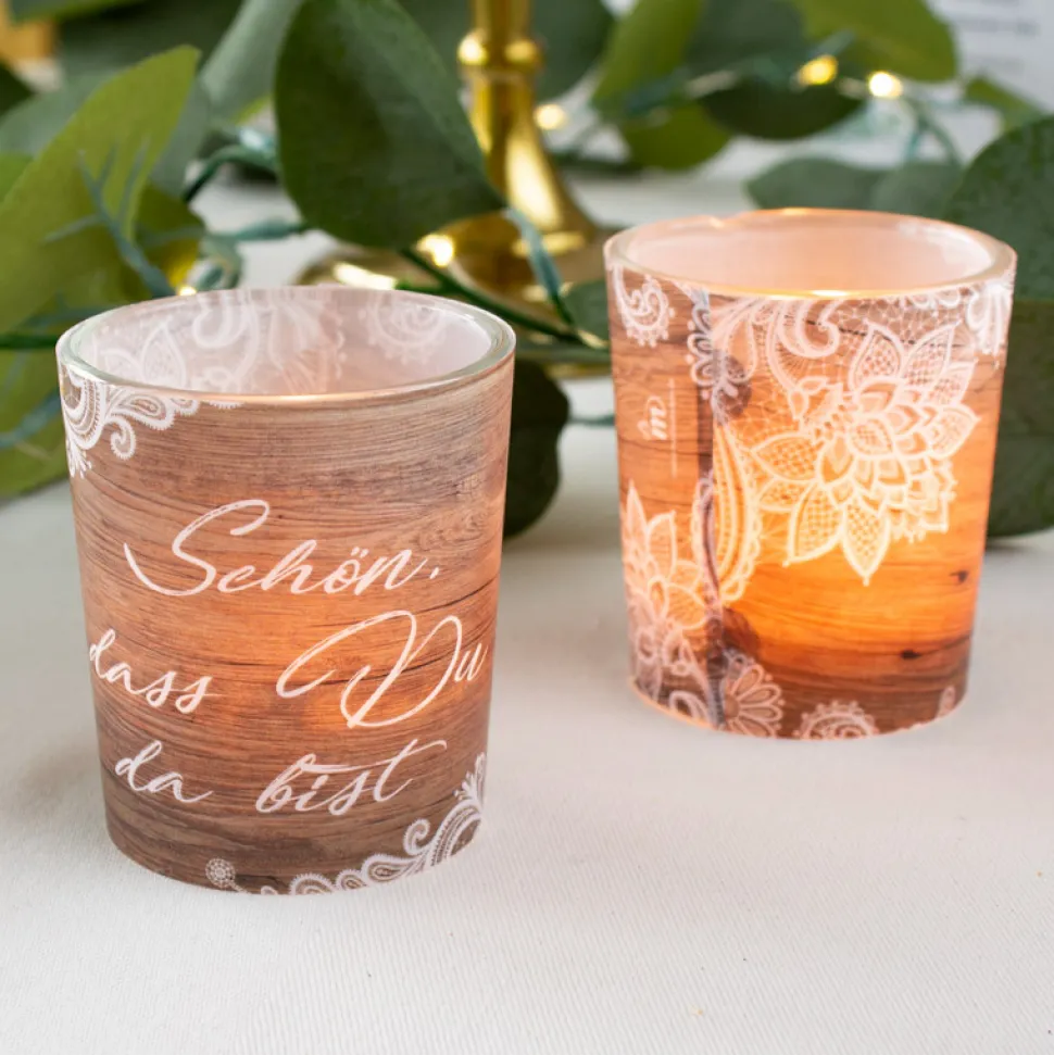Tischkarte Windlicht Holz und Spitze inkl. Glas