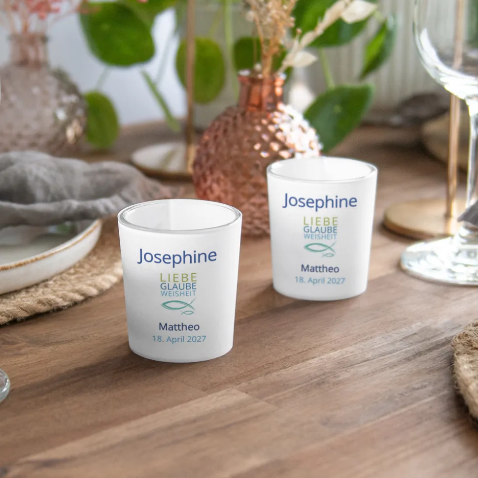 Tischkarte Windlicht Junge "Liebe Glaube Weisheit" inkl. Glas