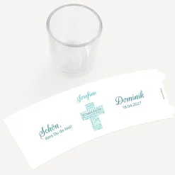 Tischkarte Windlicht Kommunion Junge "Kreuz Modern" inkl. Glas
