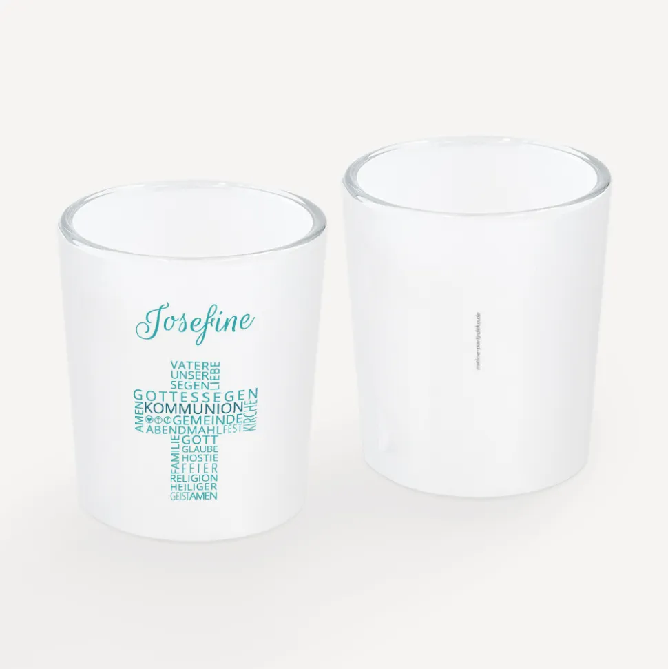 Tischkarte Windlicht Kommunion Junge "Kreuz Modern" inkl. Glas