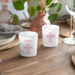 Tischkarte Windlicht Kommunion Mädchen "Kreuz Modern" inkl. Glas
