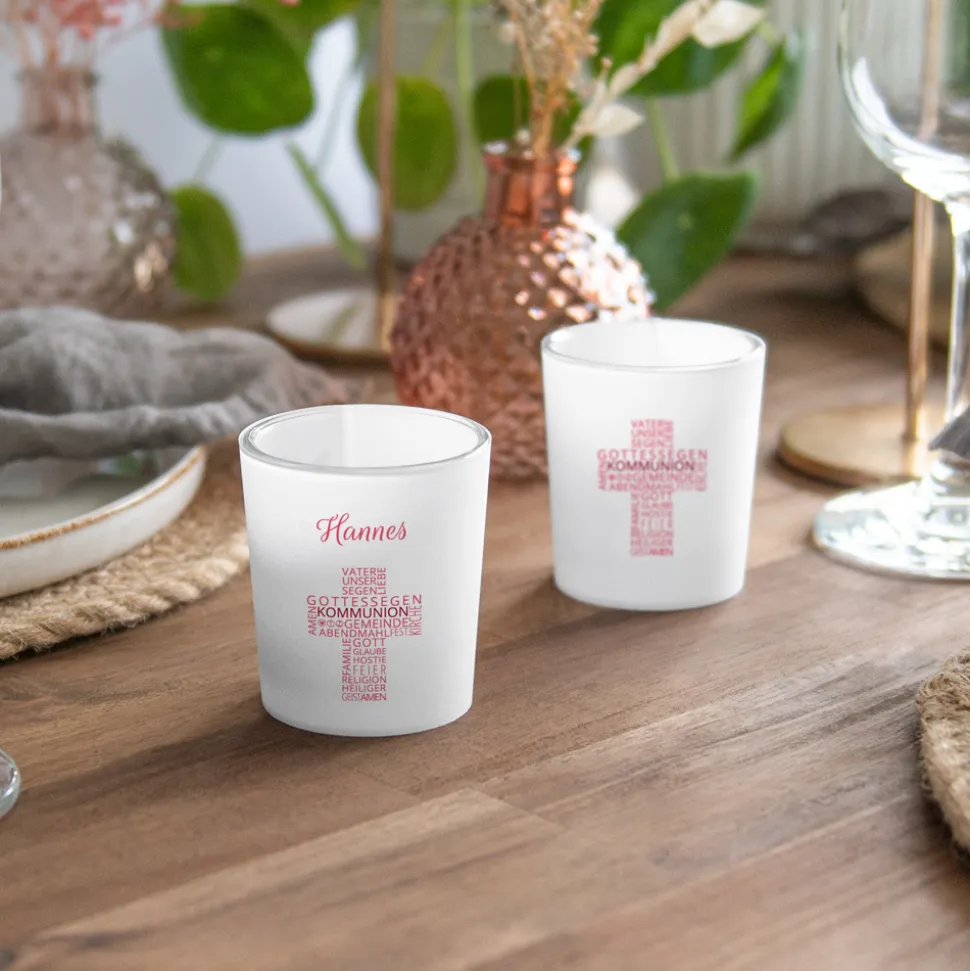 Tischkarte Windlicht Kommunion Mädchen "Kreuz Modern" inkl. Glas