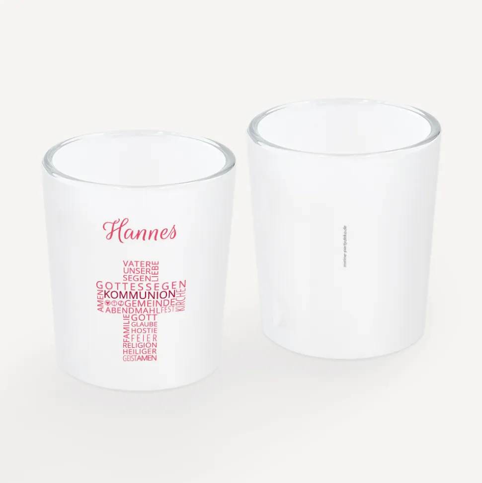 Tischkarte Windlicht Kommunion Mädchen "Kreuz Modern" inkl. Glas