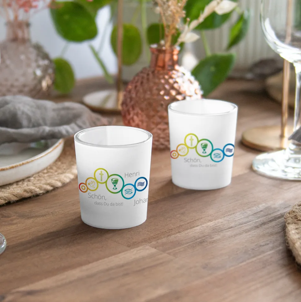 Tischkarte Windlicht "Regenbogen Symbole" inkl. Glas