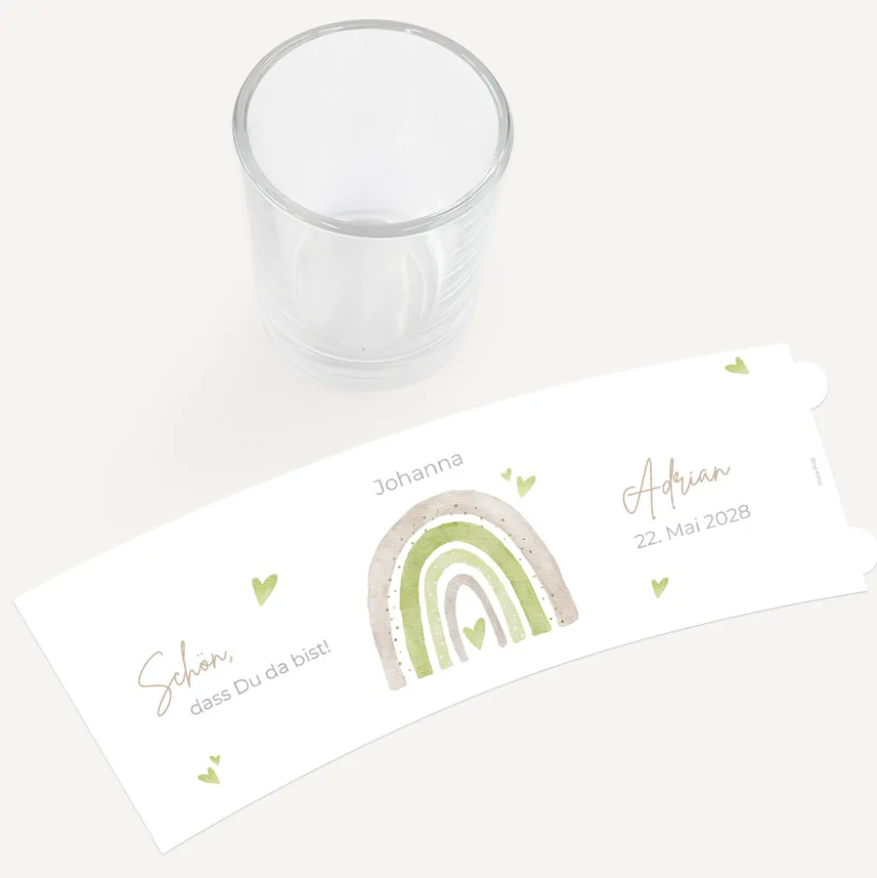 Tischkarte Windlicht "Regenbogen mit Herzen Pastell“ inkl. Glas