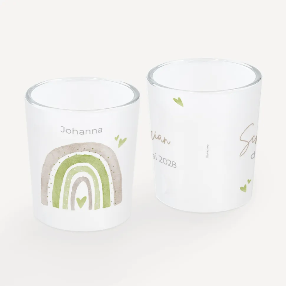 Tischkarte Windlicht "Regenbogen mit Herzen Pastell“ inkl. Glas