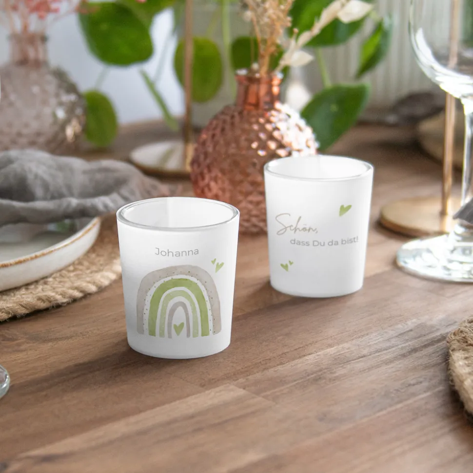 Tischkarte Windlicht "Regenbogen mit Herzen Pastell“ inkl. Glas