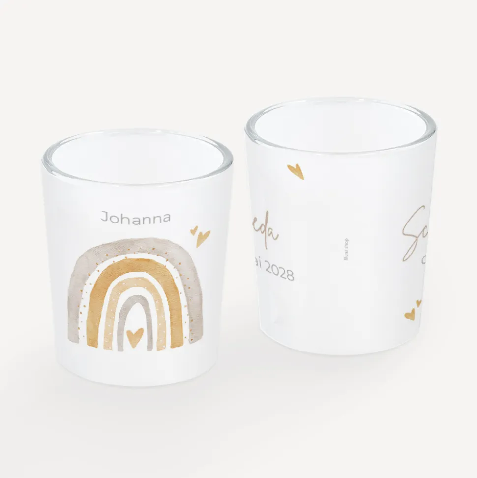 Tischkarte Windlicht "Regenbogen mit Herzen Pastell“ inkl. Glas
