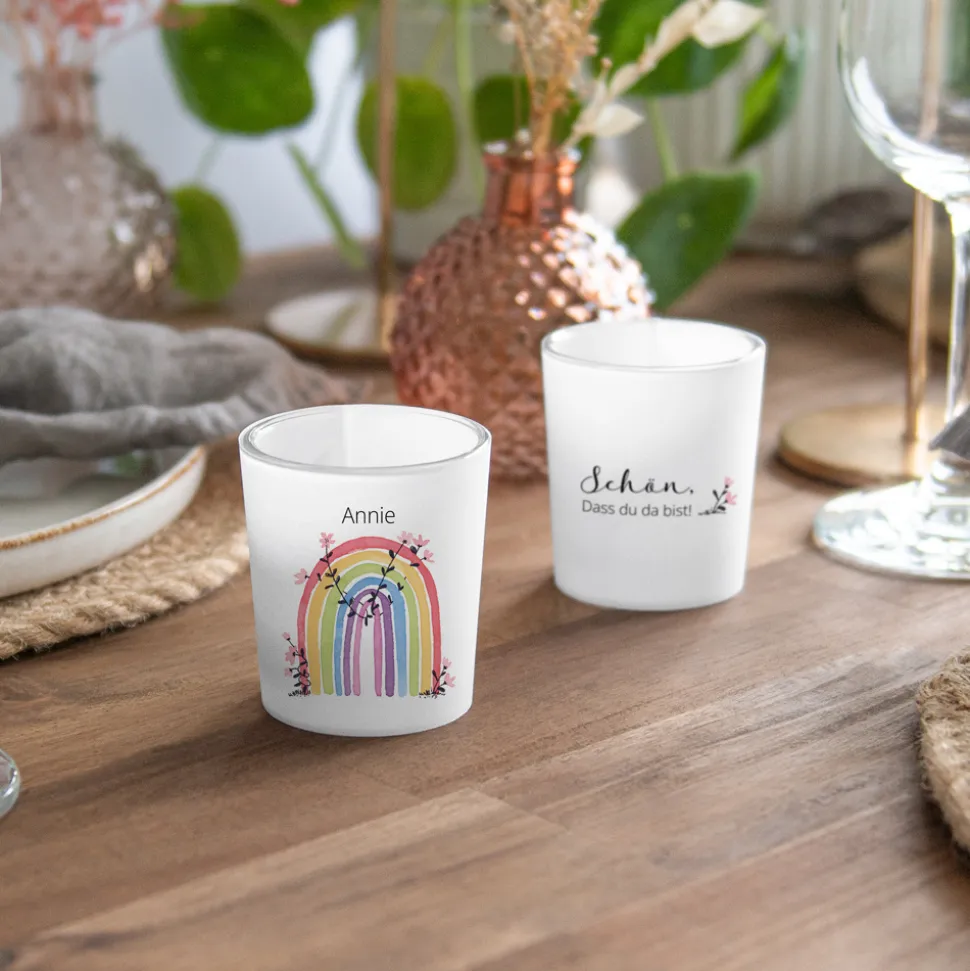 Tischkarte Windlicht "Regenbogen Vintage" inkl. Glas