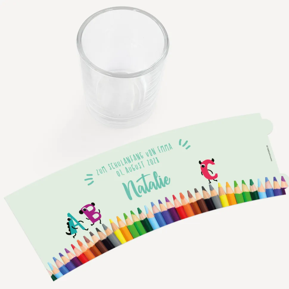Tischkarte Windlicht "Stifte ABC" inkl. Glas