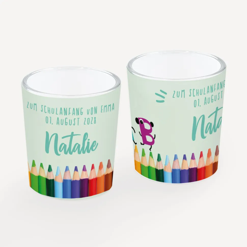 Tischkarte Windlicht "Stifte ABC" inkl. Glas