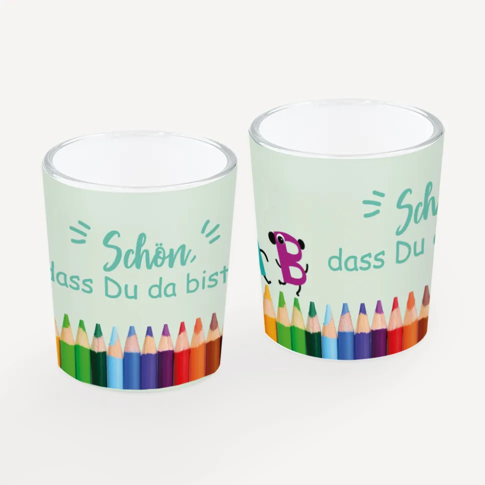 Tischkarte Windlicht "Stifte ABC" inkl. Glas