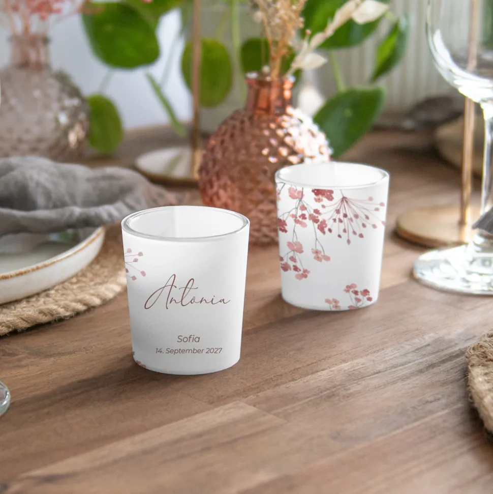 Tischkarte Windlicht "Trockenblumen Blush" inkl. Glas