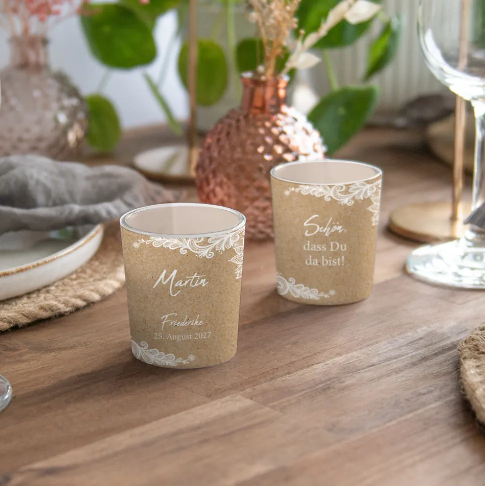 Tischkarte Windlicht "Vintage Spitze" inkl. Glas